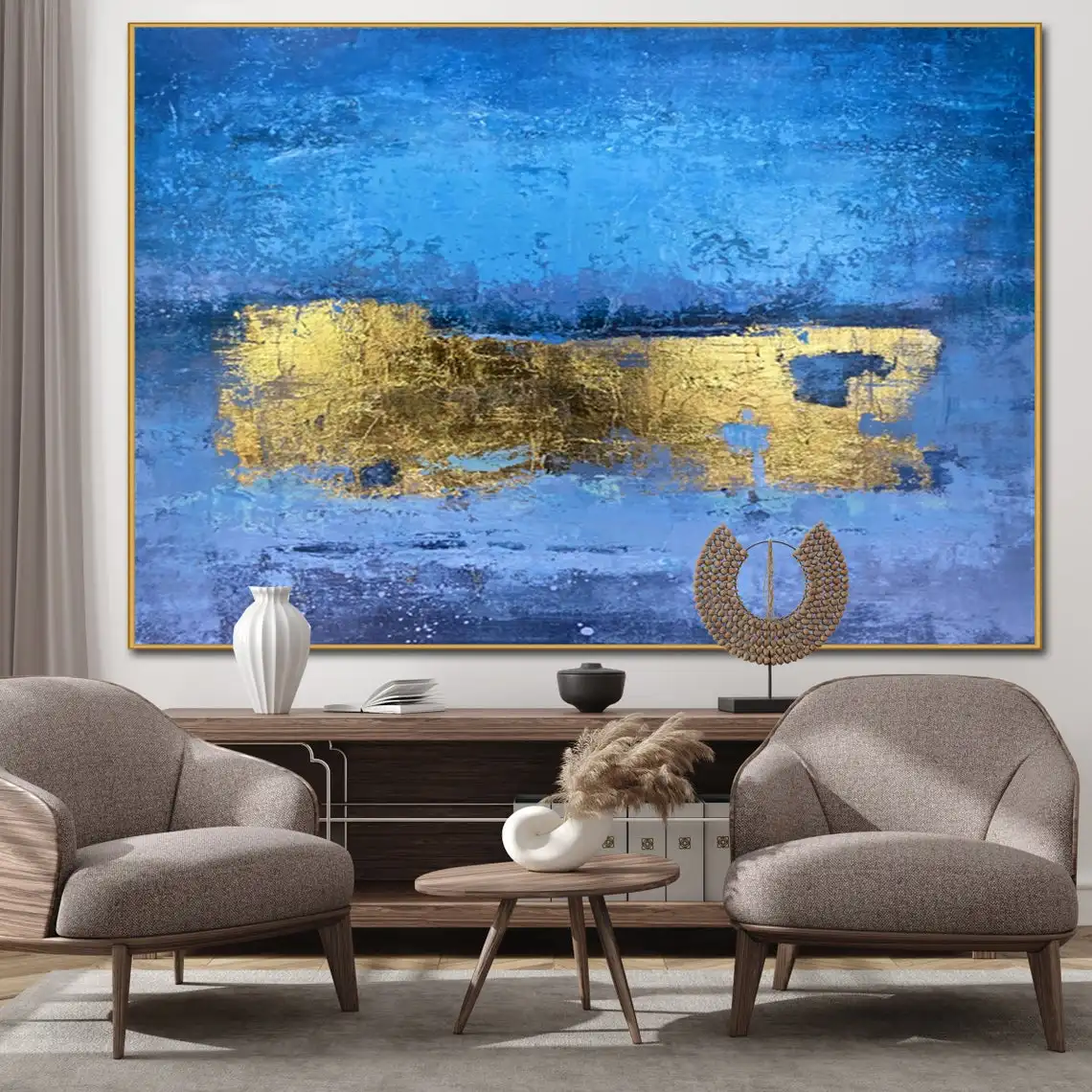 

Large Abstract Original Painting Modern Oversize Canvas Art Abstract Gold Leaf Painting Textured Blue Gold Contemporary Wall Art