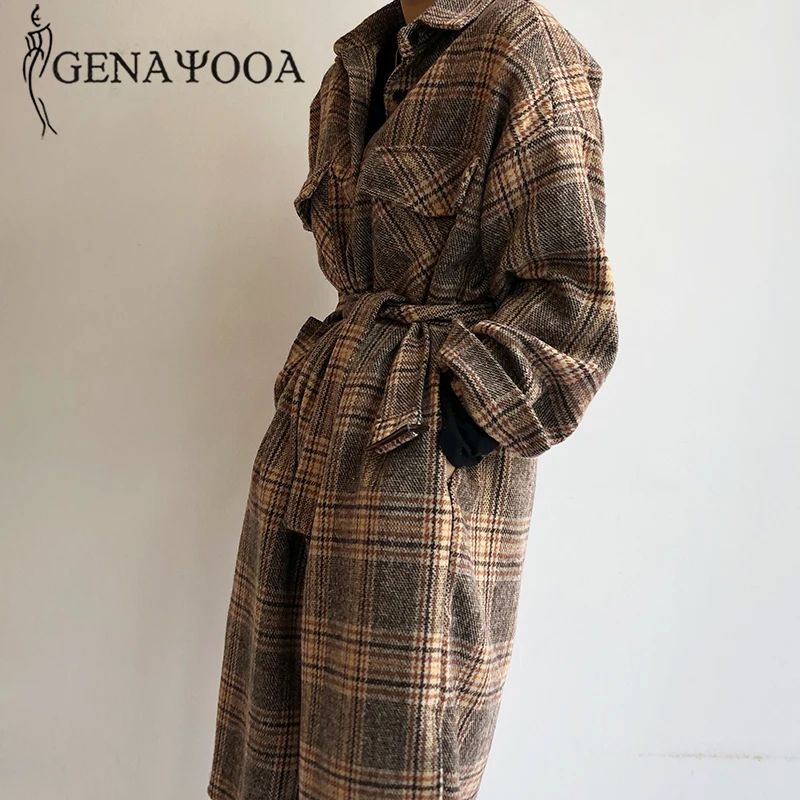 Genayooa, винтажные пальто и куртки, женское клетчатое длинное зимнее пальто, женское с поясом, с разрезом, с длинным рукавом, тонкое осеннее пальто для женщин, на каждый день