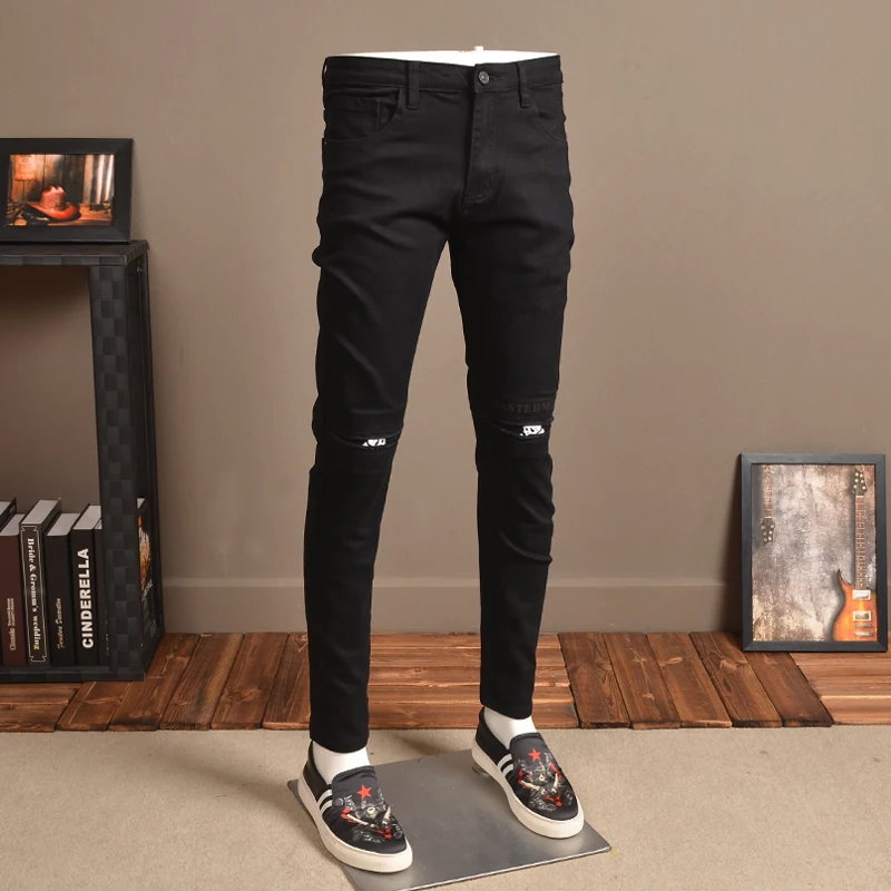 Fashion Men Skinny Jeans Stretch Thin Streetwear Black Pants for Cowboys