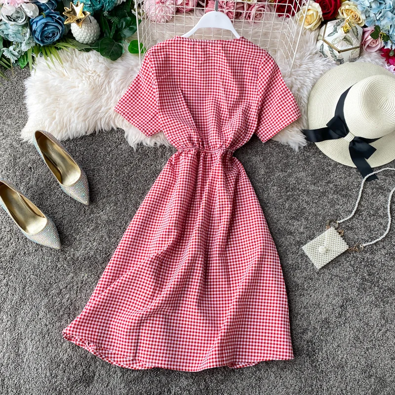 Teeuiear Slim Vintage V Neck Plaid Print Button Dress Slim ladies Summer Midi dress vestido de festa Party Women a-line Dresses