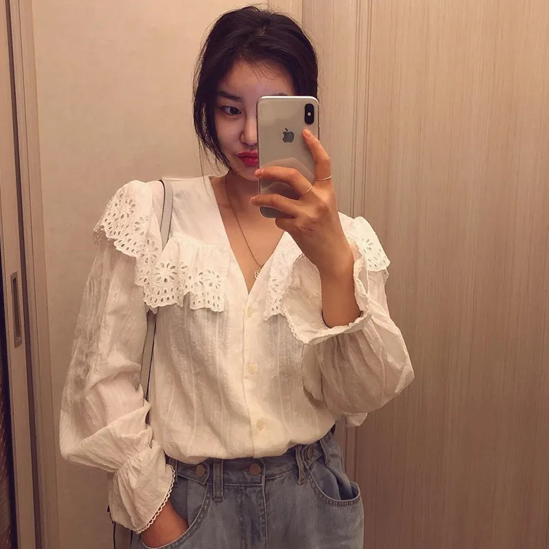 

Spring Autumn Cute White Blouse Crochet Ruffles Lace Patchwork Flare Sleeve Shirt Women Top Chemise Femme Blusa Blanca Mujer