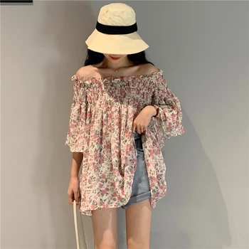

Bohemia Style Pink Flower Chiffon Smock Blouses Women Short Mandarin Sleeve Off Shoulder Loose Top Girl Summer Leisure Blouse