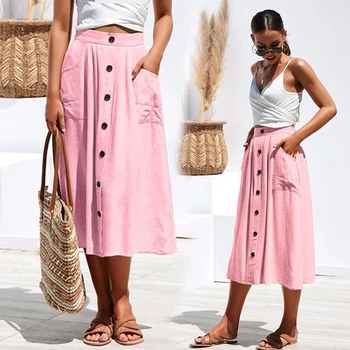 

Magiray Casual Vintage Button Down Pocket Midi Skirt Women Cotton High Waist Pink Yellow School Elegant Holiday Retro Skirt C318