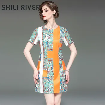 

New summer mini dress for women a line short sleeve loose casual elegant floral print vintage O neck yellow t-shirt short dress