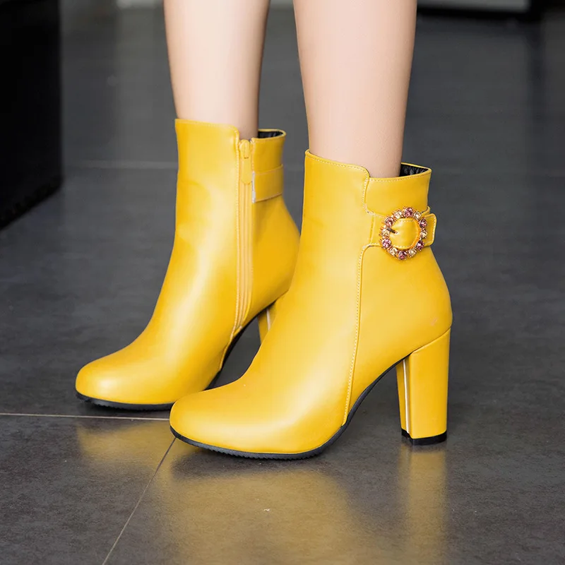 

Winter Shoes Women Autumn Boots Luxury Designer Round Toe Bootee Woman 2019 Booties Ladies Zipper Crystal Chunky Heel Fashion