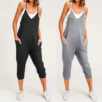 

2020 Summer Rompers Celmia Women Jumpsuits Sexy Spaghetti Strap Casual Loose Harem Pants V-neck Sleeveless Long Playsuits 5XL