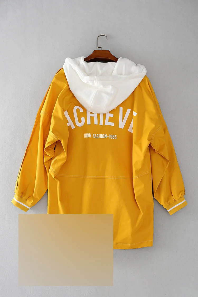 

021cb Casual by Age Hooded Trench Coat Large Pocket CHIC Yellow Loose-Fit Raglan Sleeve Middle Long Coat