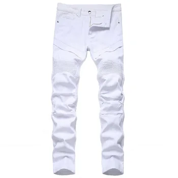 

Denim Ripped Hole MOTO BIKE Straight Jeans Men'S OverSize 38 40 42 2020 Autumn Spring HIP HOP Punk Rock Streetwear Trouers