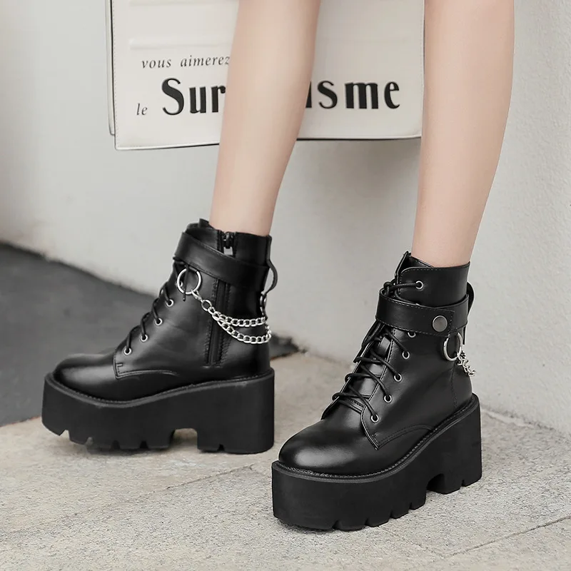 

Rimocy Spring Chunky Heel Biker Boots Women Chains Gothic Leather Shoes Platform Botines Mujer 2020 Punk Motorcycle Boots Black