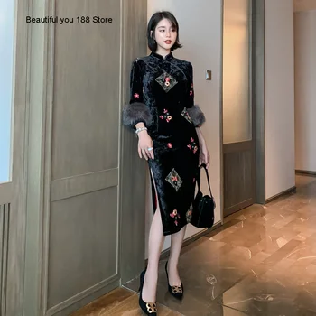 

new autumn and winter women's clothing modified Chinese style embroidered velvet young cheongsam dress