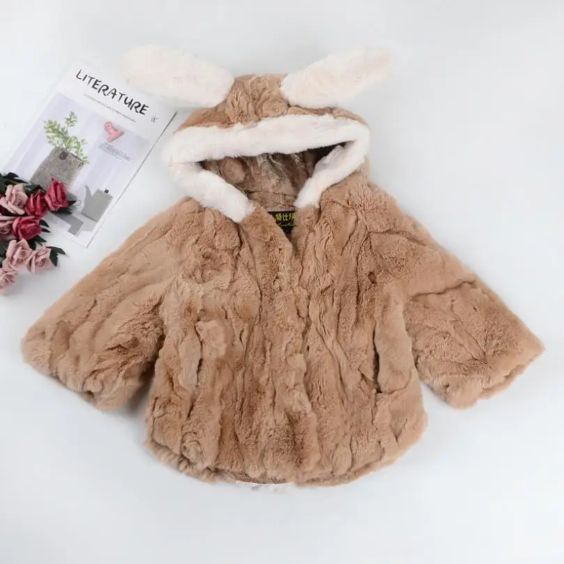 Cute Rabbit Fur Coat Toddlers Kids Girls rex rabbit fur Warm Hooded Outwear Chic