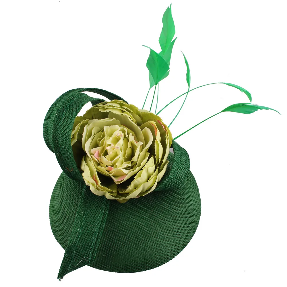 Зеленый бант шляпка с узкими полями заколки-перья для волос вуалетки церковные вечерние шапки женские элегантные женский головной убор украшение головной убор XMF352