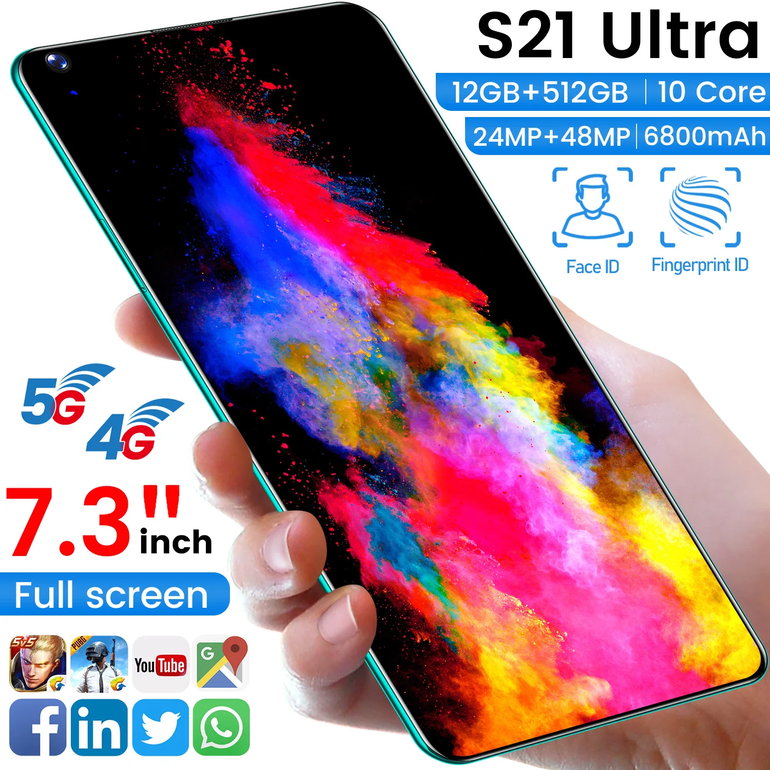 Смартфон S21 Utra 7 3 дюйма 12 + 512 ГБ Android 10 две SIM-карты | Мобильные телефоны и аксессуары