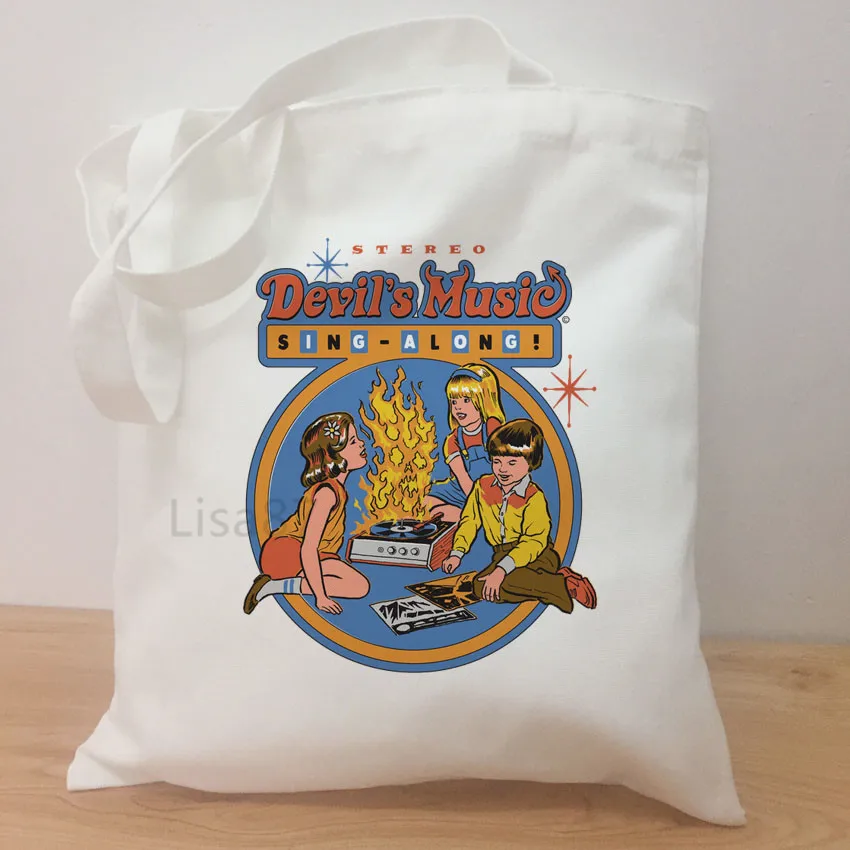 Простая сумка для покупок в стиле дьявольской музыки, большая вместительность, Женская Холщовая Сумка, женская простая сумка на плечо, сумка-тоут