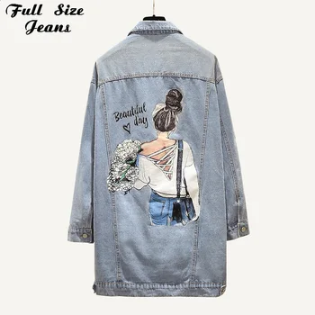 

Plus Size Beauty Girl Print Long Jeans Jacket 4Xl Spring Midi Long Denim Coats Fashion Chi Korea Light Blue Outwear Mom Jean