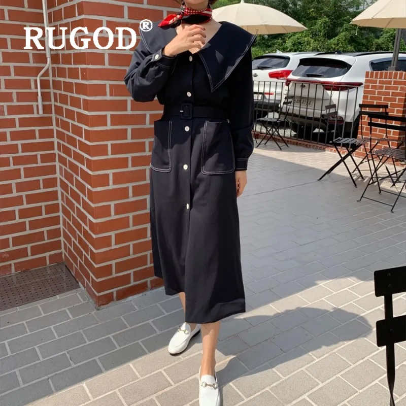 RUGOD Новое Женское зимнее платье большой воротник Питер Пэн однобортное приталенное платье с поясом корейское шикарное винтажное платье