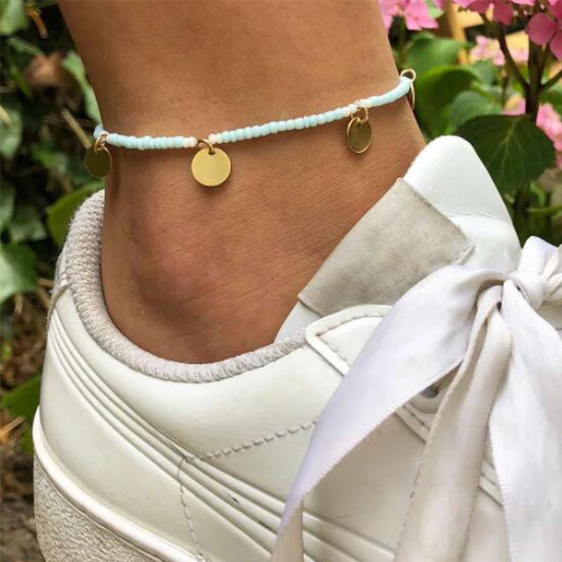 

Tocona Boho Beach Green Beads Stone Gold Round Sequins Pendant Anklet For Women Trend Bracelets Leg Foot Jewlry Gift C20309