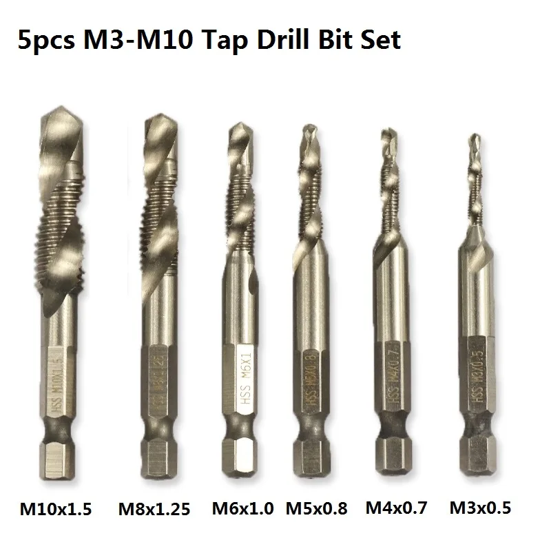 5pcs M3-10 Drill Set Высококачественный 1/4 ''Хвостовик HSS сталь 4341 метрический резьбовой кран M3-M10 машина кран винт кран сверло мини Метрическая Спираль кран - Цвет: 5pcs M3-10 Drill Set