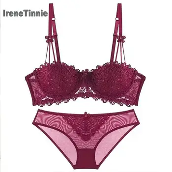 

IRENE TINNIE Sexy Lace Bra Set Adjustable Shoulder Strap Light Thin Breathable Underwear Set Push Up Three Quarters Cup Lenceria