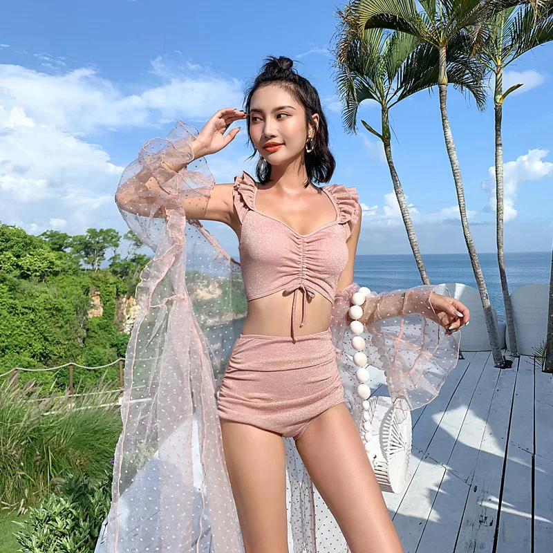 

19 New Style Japanese Korean Bathing Suit Split Type Baby Pink Bikini Three-piece Set with Cover-up-Slimming High-waisted Holida