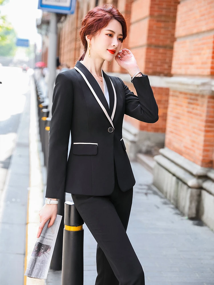 New Arrival Women Formal Pant Suit Gray Black Red White Solid One Button Work 2 Piece Set Office Blazer And Full Length Trousers