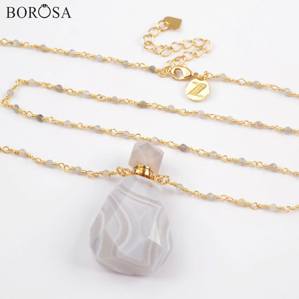 BOROSA Perfume Bottle Natural Multi-Kind Stone White Quartz Amazonite Amethysts 26inch Bead Chains Necklace Jewelry HD0091