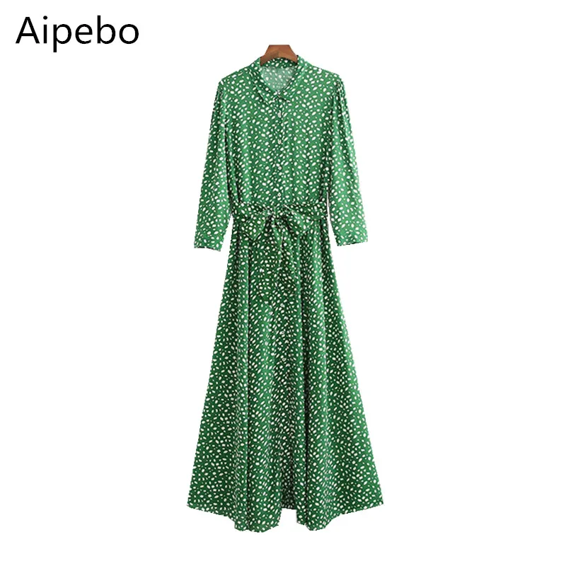 

Aipebo Women Green Print Long Maxi Dress Long Sleeve Turn Down Collar with Belt Office Lady Elegant Long Shirt Dresses Vestido