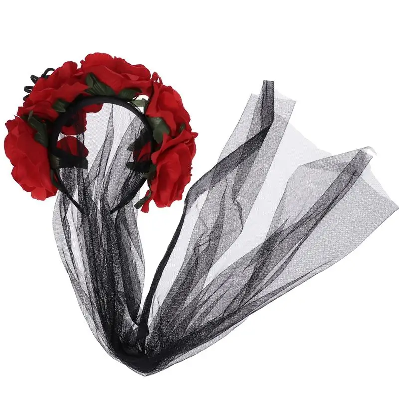

3 Color Halloween Party Decoration Lace Veil Head Simulation Rose Flower And Spider Headband Hair Accessories Day Of The Dead A2