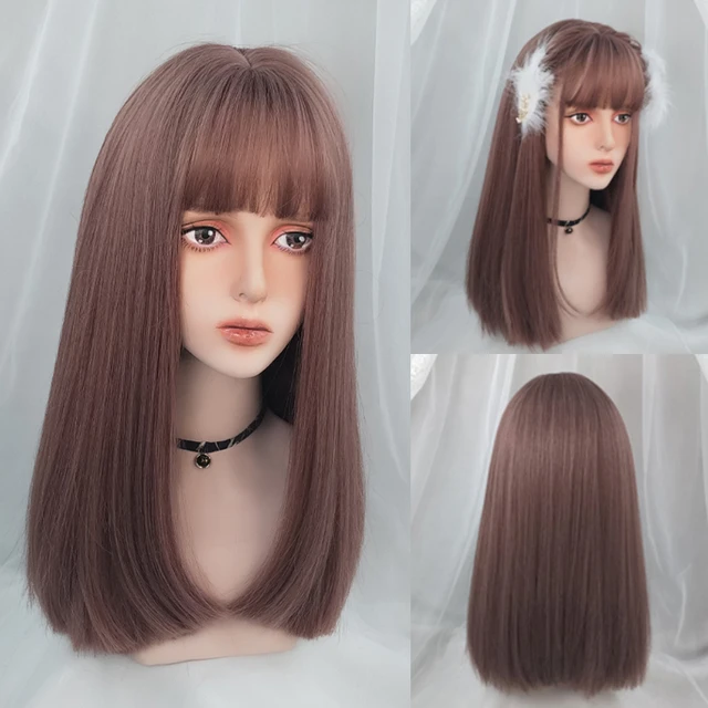 VICWIG Synthetic High Temperature Fiber Long Straight Wigs for Women Purple Gray Green Cosplay With Bangs Natural Hairpieces PinkBrown