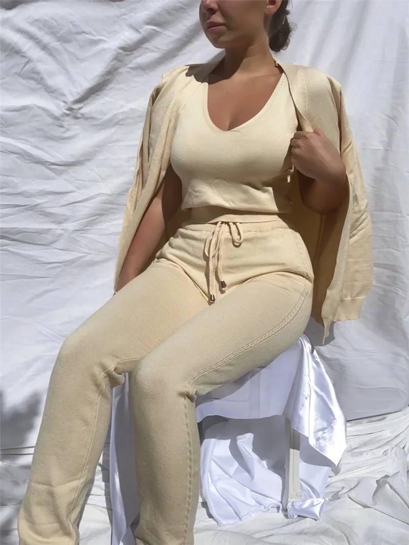 knitted 3 piece women loungewear sets cardigan ladies jumper outfits autumn knit tracksuit woman new casual 3 pcs matching sets