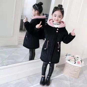 

Hot Sale Girls Clothing Warm Plus Velvet Jacket Pink/Black Color Coat Winter Casual Soft Parkas Hooded Children Outerwear Coats