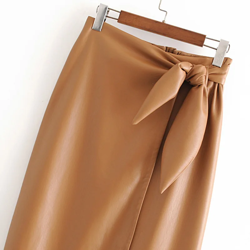 AGong повседневные асимметричные юбки с узлом, женская модная Однотонная юбка из искусственной кожи, женские элегантные юбки с эластичным поясом для женщин