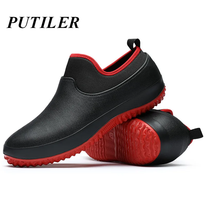 Zapatos de trabajo de cocina a la moda para hombre, mocasines informales impermeables de goma para el agua y la lluvia, mocasines antideslizantes para barco, color negro