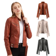 2021 new European Jacket Women's short belt women's Leather Jacket Large slim leather jacket stand collar thin style
