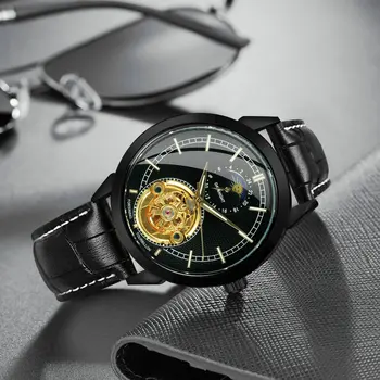 

FORSINING Black Automatic Watch Men Skeleton Mechanical Tourbillon Watches Moon Phase Brand Luxury Genuine Leather Strap Casual