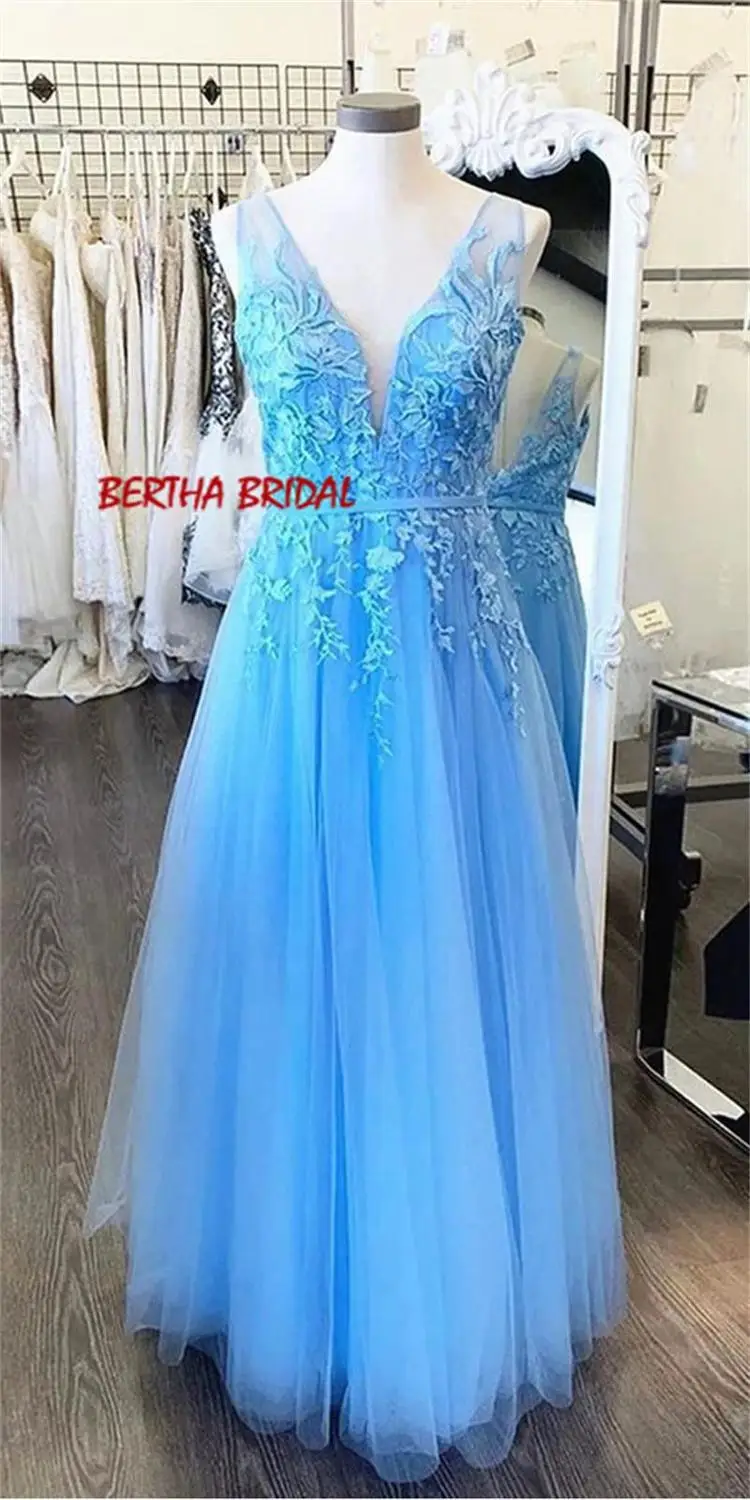 Vestidos, небесно-голубое для подружки невесты, платья, v-образный вырез, аппликация, тюль, ТРАПЕЦИЕВИДНОЕ ПЛАТЬЕ подружки невесты, платья для свадьбы с поясом, вечерние платья