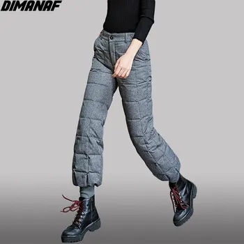 

DIMANAF Plus Size Women Down Pants Elastic Thick Warm Cotton-Padded Pants Plaid Print Female Trousers Winter Pantalones Oversize