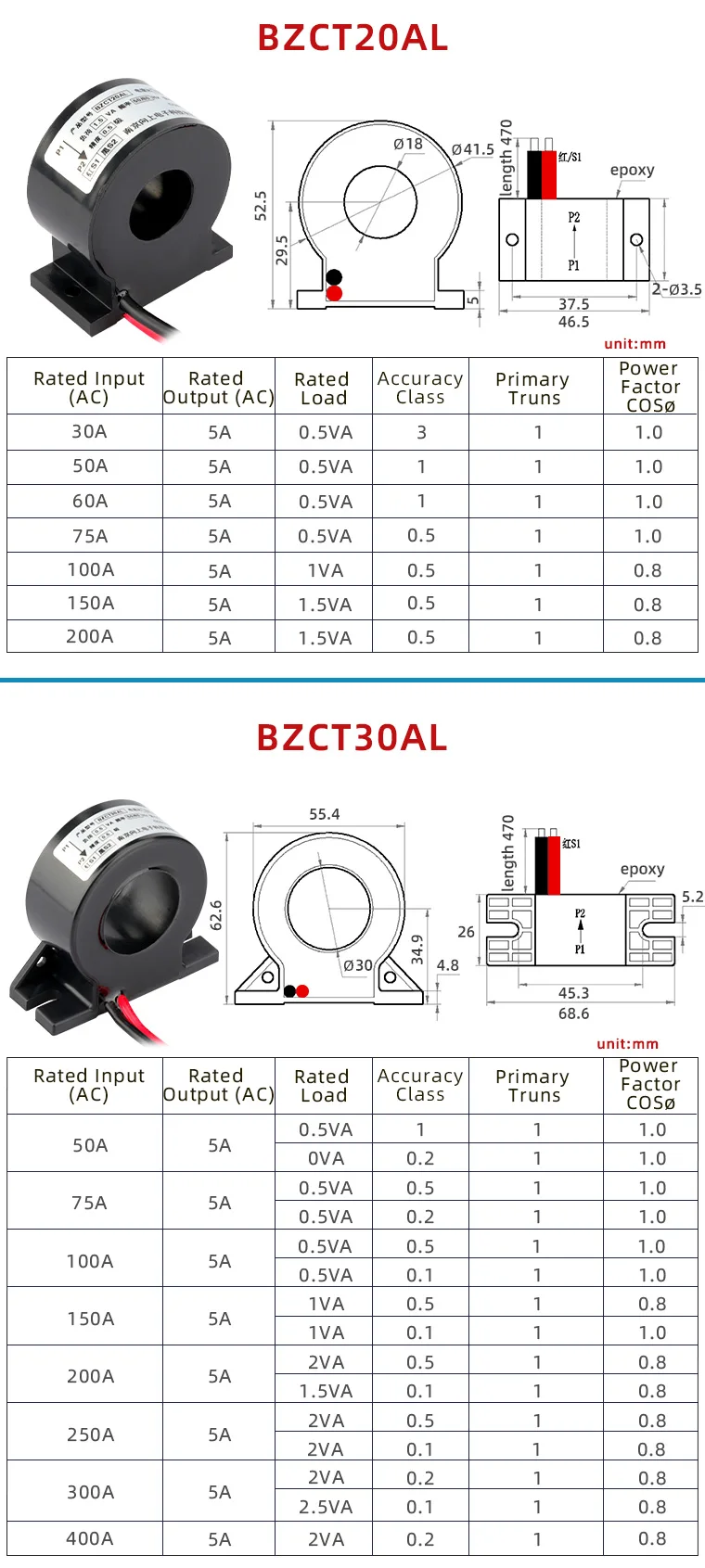 trifásico, medição de baixa tensão, BZCT45AJGL-800A 600A 500A 400A 5A 300A AC CT