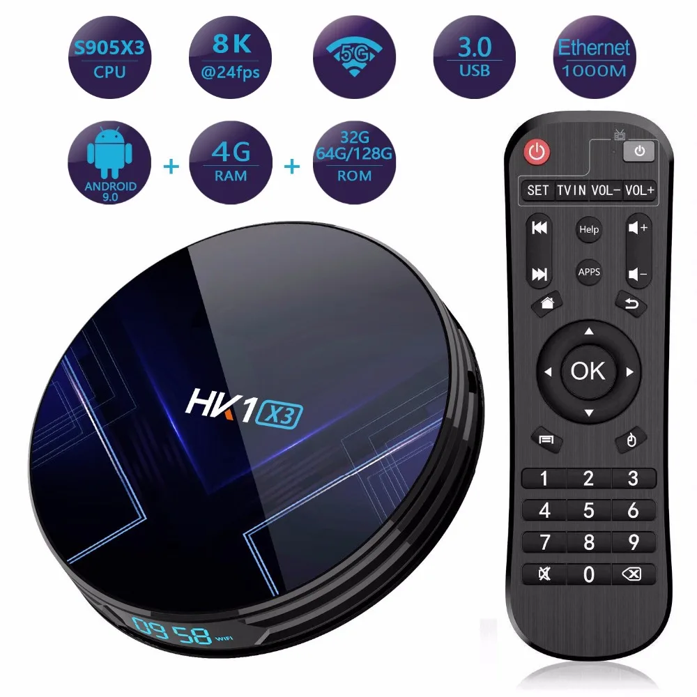 HK1 X3 ТВ-приставка Android 9,0 Amlogic S905X3 4 ГБ 32 ГБ 64 Гб 128 Гб 8K Smart tv Box 2,4G& 5,0 wifi 1000M LAN BT телеприставка Netflix Google