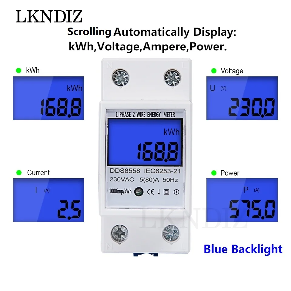 

Din Rail Electric Energy Meter 5(80)A 50/60Hz 110V/220/230V KWH Meter LCD Display DIGITAL Single Phase kWh counter