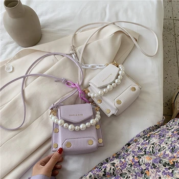 

Pearl Handle PU Leather Mini Crossbody Bags For Women 2020 Summer Phone Bag Lady Shoulder Handbags Female Cross Body Bag