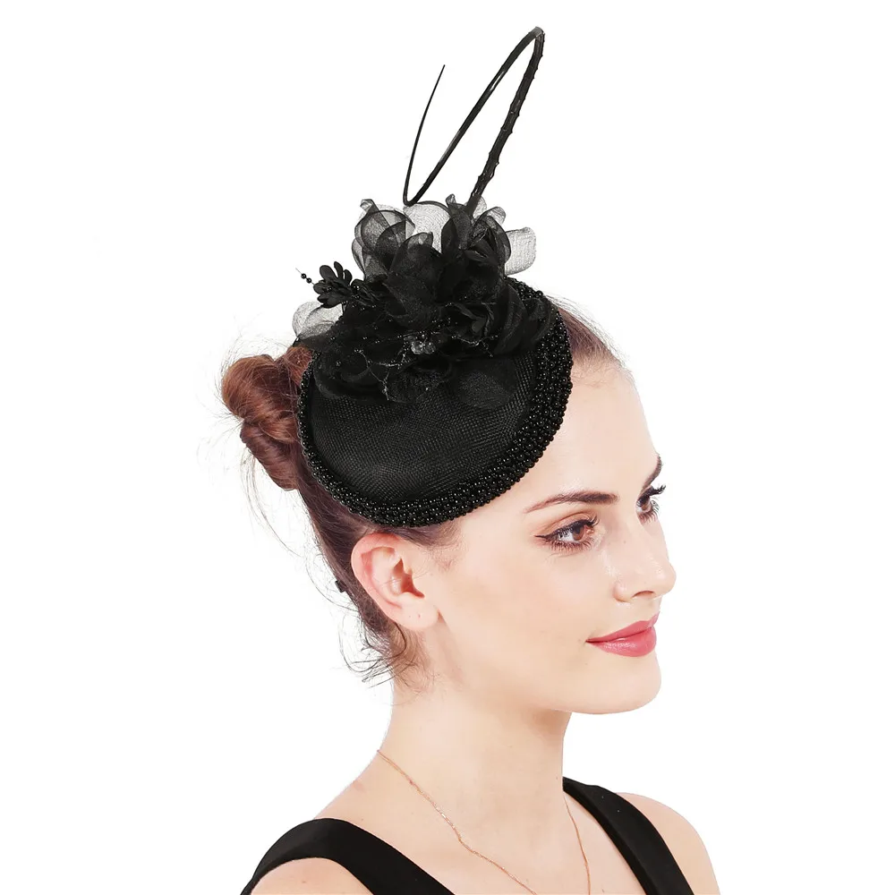 

Women Wedding Dinner Fascinators Elegant Chic Black Hats Nice Flower Headwear Gorgeous Ladies Hair Accessories With Headbands