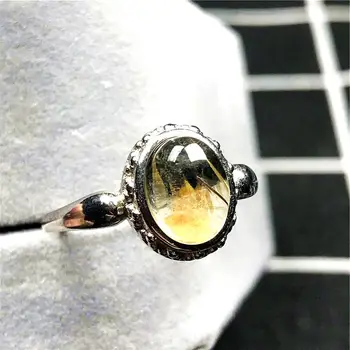 

Natural Gold Rutilated Quartz Ring Jewelry For Woman Man Clear Crystal 12x10mm Oval Beads Silver Stone Adjustable Ring AAAAA