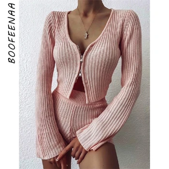 

BOOFEENAA Pink Knit Two Piece Set Women Flare Long Sleeve Zip Up Crop Top and Shorts Casual Home Suit Lounge Wear C34-BF26