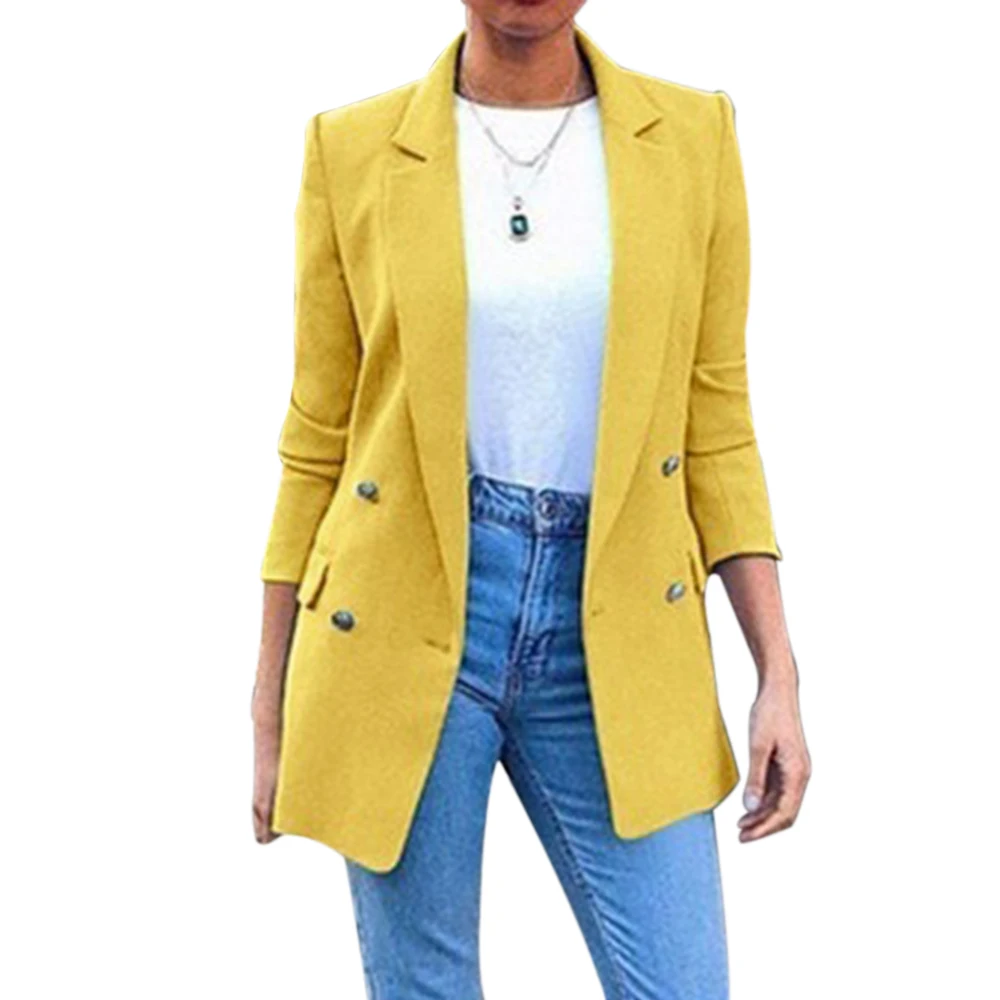 yellow Heflashor размера плюс, Женский Длинный блейзер, куртка, женская мода, однотонный, двубортный, для офиса, блейзеры, пальто для женщин, бизнес пальто - Цвет: yellow