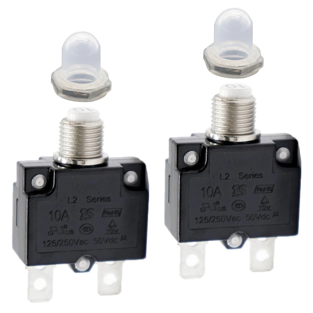 Pack of 2 10 Amp Circuit Breaker Push-Button Reset with Quick Connect Terminals and Clear Waterproof Button Cover