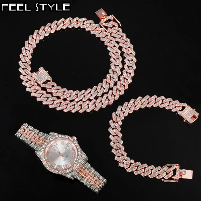 

Hip Hop 3PCS KIT Heavy Watch+Prong Cuban Necklace+Bracelet 13.5MM Bling Crystal AAA+ Iced Out Rhinestones Chains For Men Jewelry