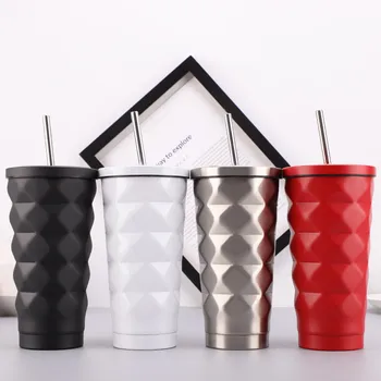 

500ml Stainless Steel Water Bottle Double Wall Drinking Cup Irregular Diamond Cup With Lid Straw Balck White Coffee Tea Cup