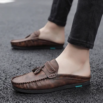 

Summer Half Drag Tassel Mens Loafers Black Casual PU Leather Shoes For Men Brand Fashion Men Half slippers Non-Slip Flats Shoes