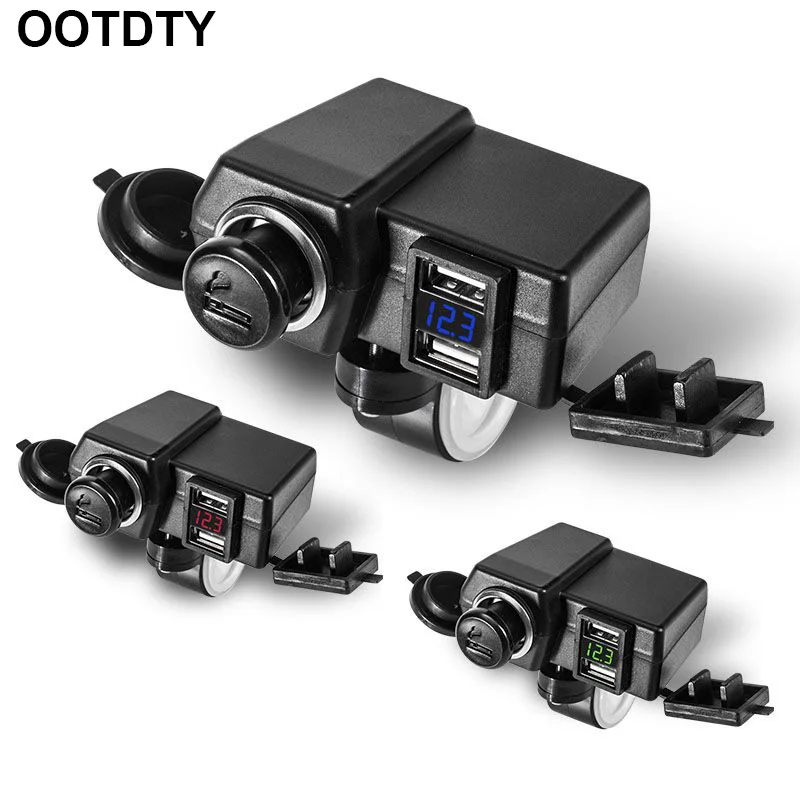 Прикуриватель для мотоциклов Руль Зеркало 5V 2.1A Dual USB Зарядное устройство вольтметр